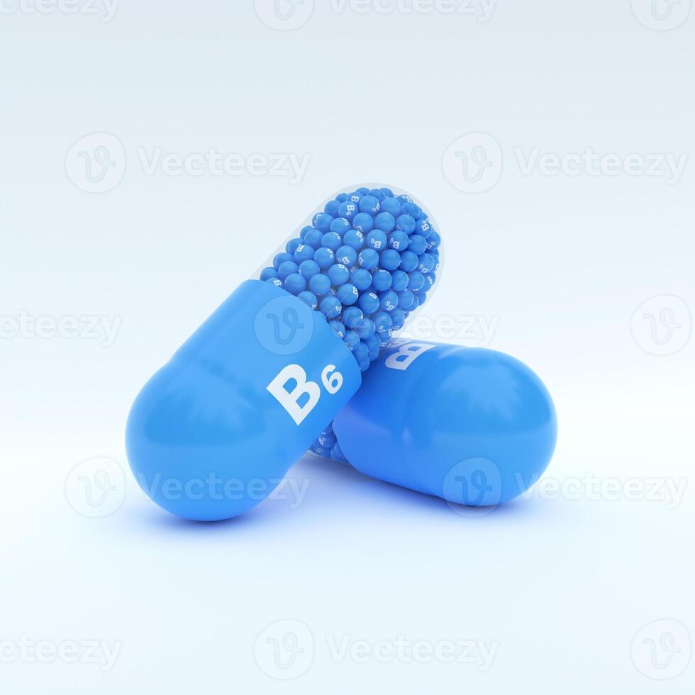Vitamin B6 With Blue Capsule, Granules and White Background photo