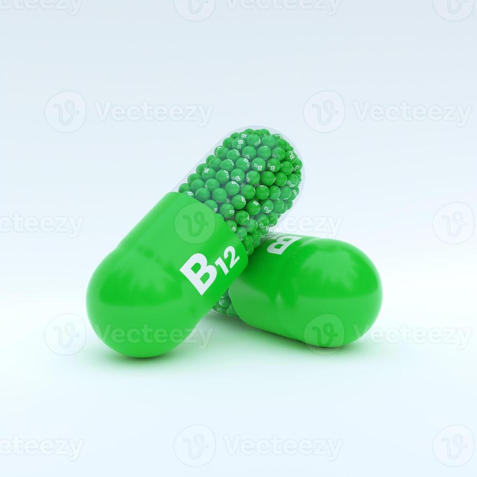 Vitamin B12 With Green Capsule, Granules and White Background photo
