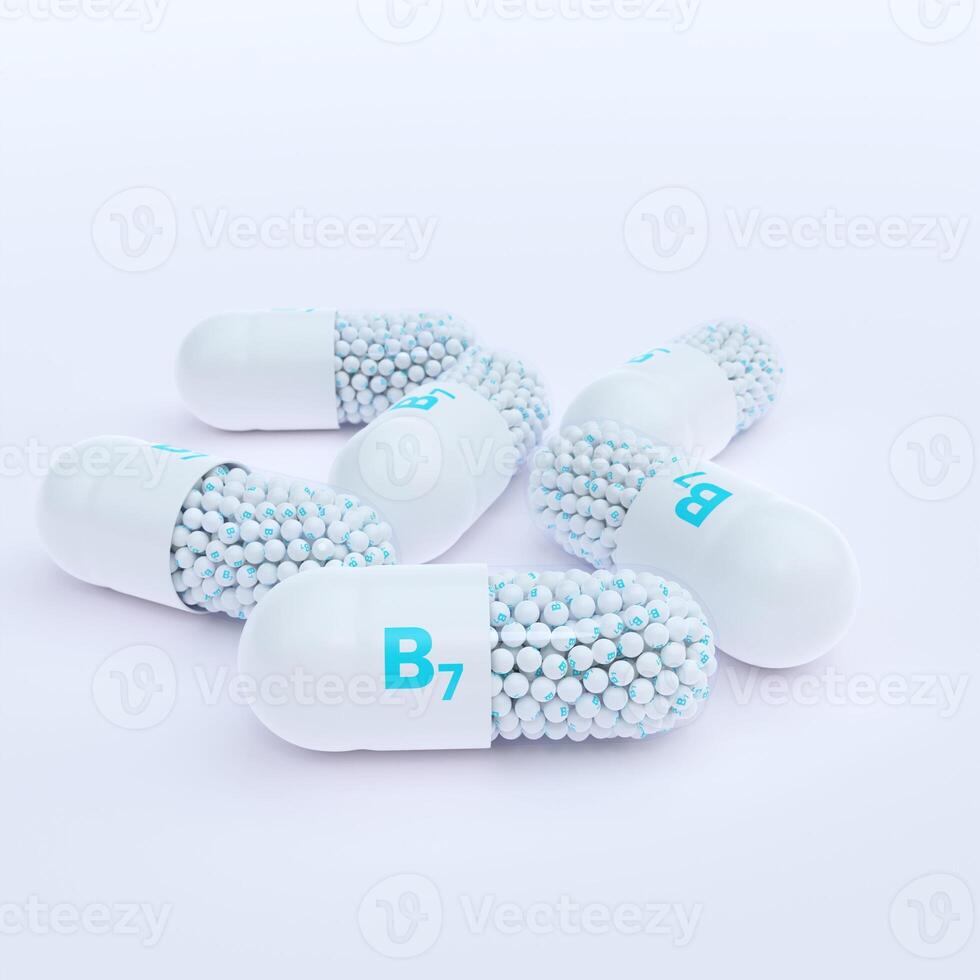Vitamin B7 With White Capsules, Granules and White Background photo