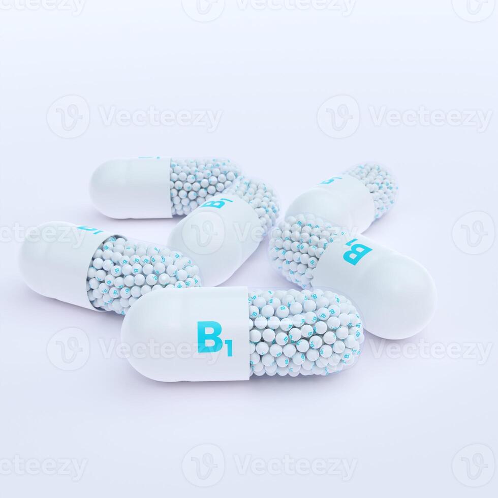 Vitamin B1 With White Capsules, Granules and White Background photo