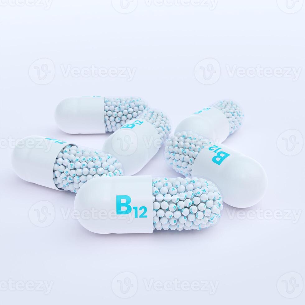 Vitamin B12 With White Capsules, Granules and White Background photo