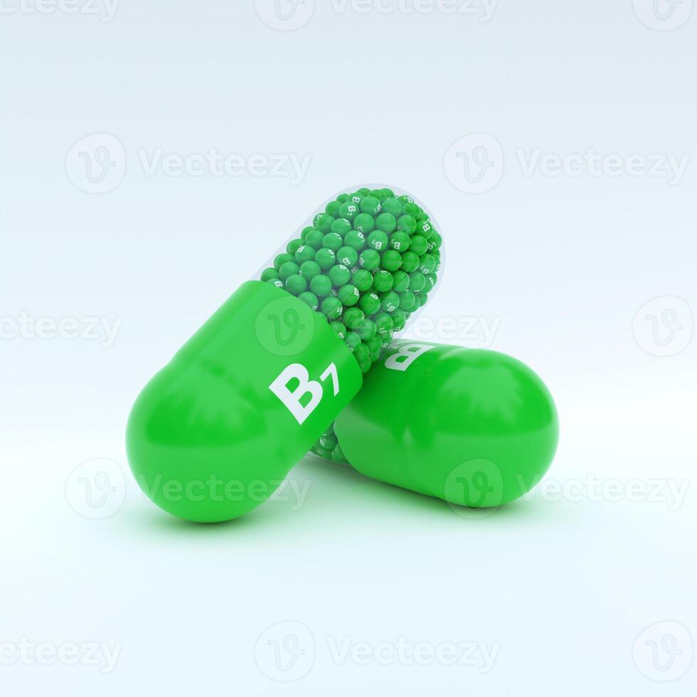 Vitamin B7 With Green Capsule, Granules and White Background photo