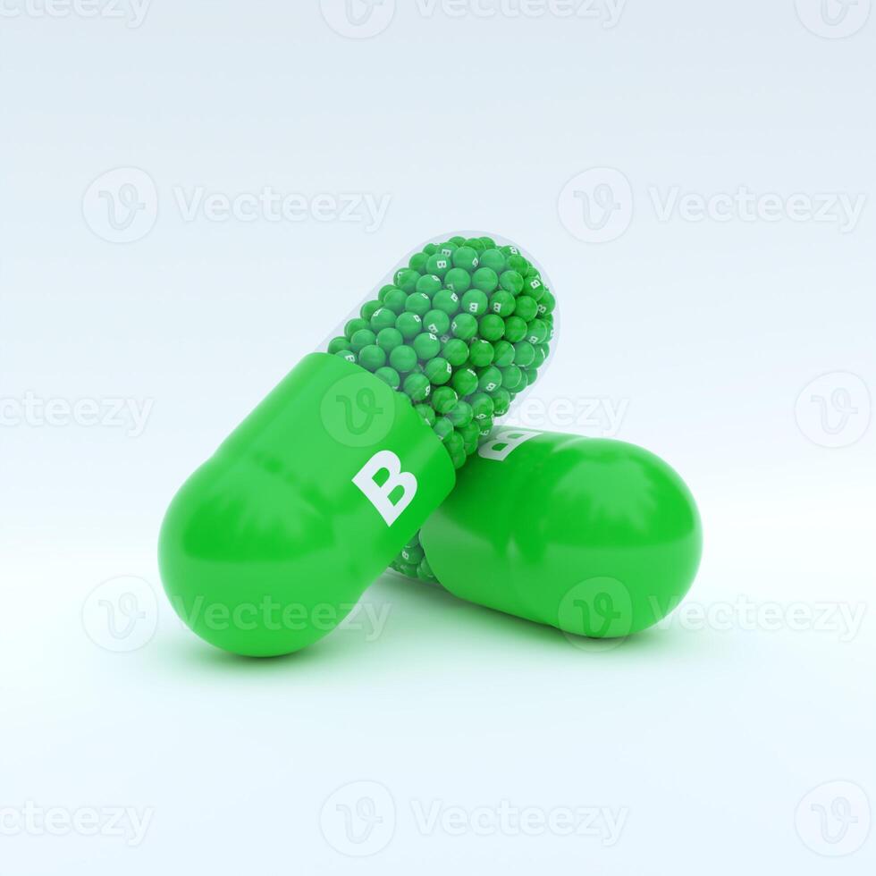Vitamin B With Green Capsule, Granules and White Background photo