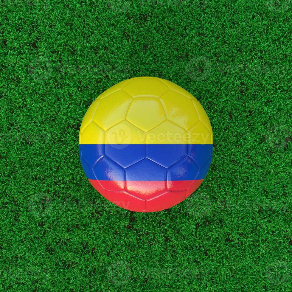 Flag Of Colombia On Soccer Ball With Grass Background photo
