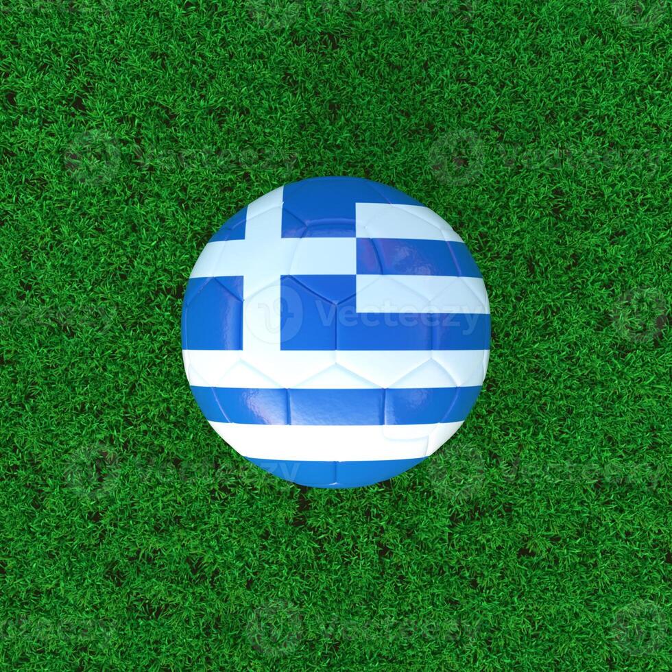 Flag Of Greece On Soccer Ball With Grass Background photo