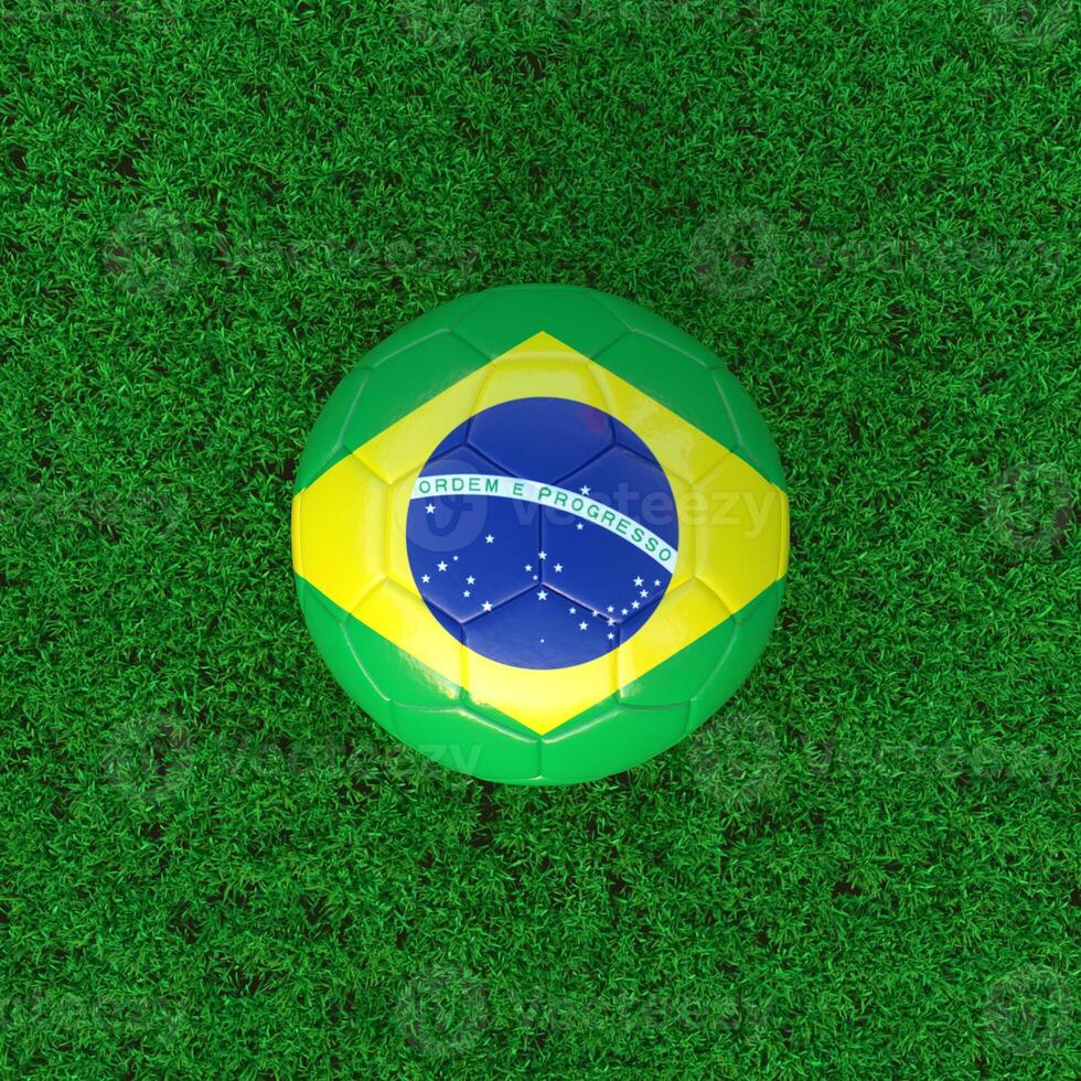 Flag Of Brazil On Soccer Ball With Grass Background photo