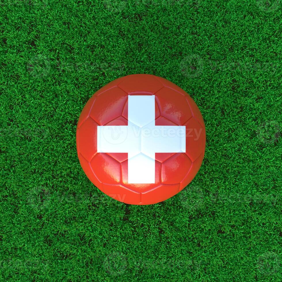 Flag Of Switzerland On Soccer Ball With Grass Background photo