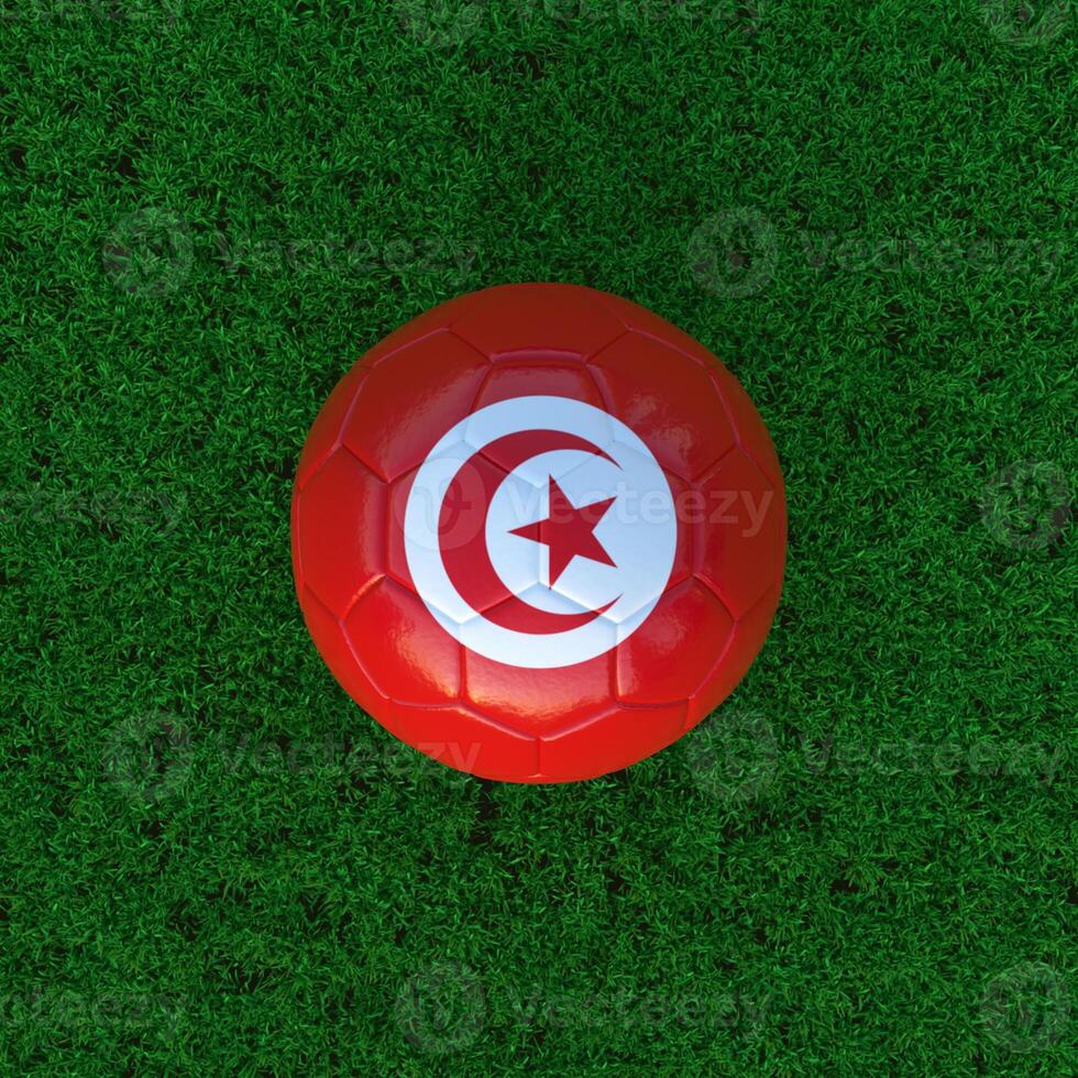 Flag of Tunisia on a Soccer Ball with a Grass Background photo