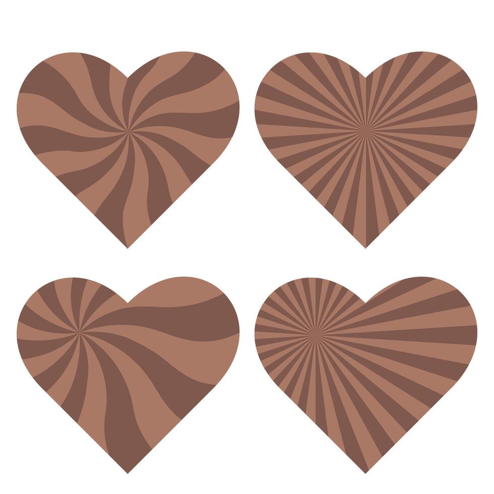 Brown hearts swirl rays. Mocha Mousse 2025. Happy valentines day, women day holiday, dating invitation, wedding or marriage greeting card design. illustration vector