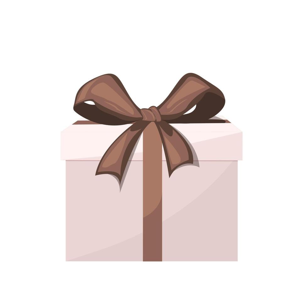 White gift box with brown bow and ribbon. Mocha Mousse 2025. Holiday present box. Cube shape gift box, in front view. Template for greeting card on Christmas, New Year, birthday and anniversary vector