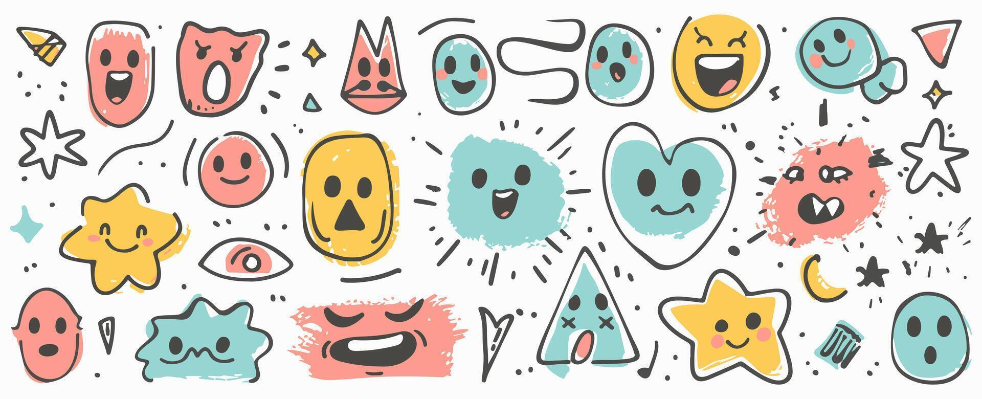 Assortment of hand-drawn cartoony expression signs, directional arrows, emoticon effects, and decorative brush stroke lines, perfect for symbolizing cartoon character emotions. vector