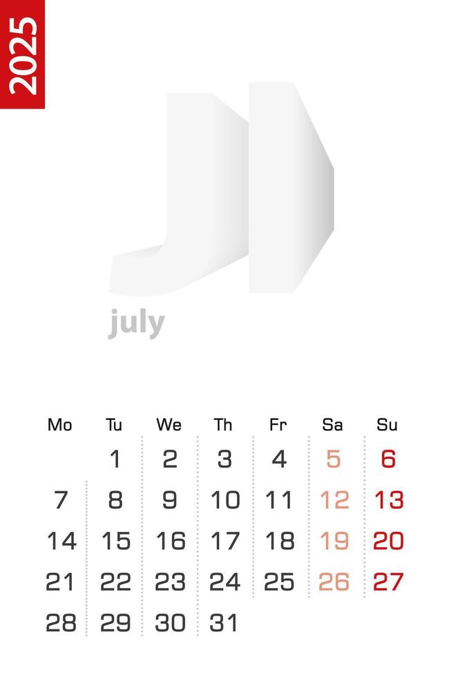 Minimalist calendar template for July 2025, calendar in English. vector
