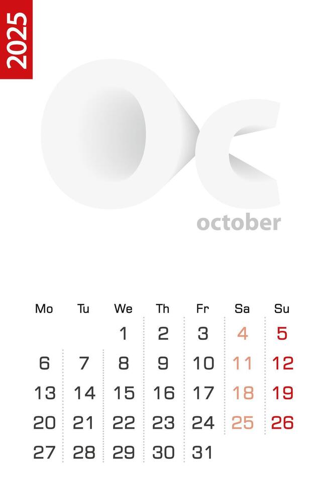 Minimalist calendar template for October 2025, calendar in English. vector