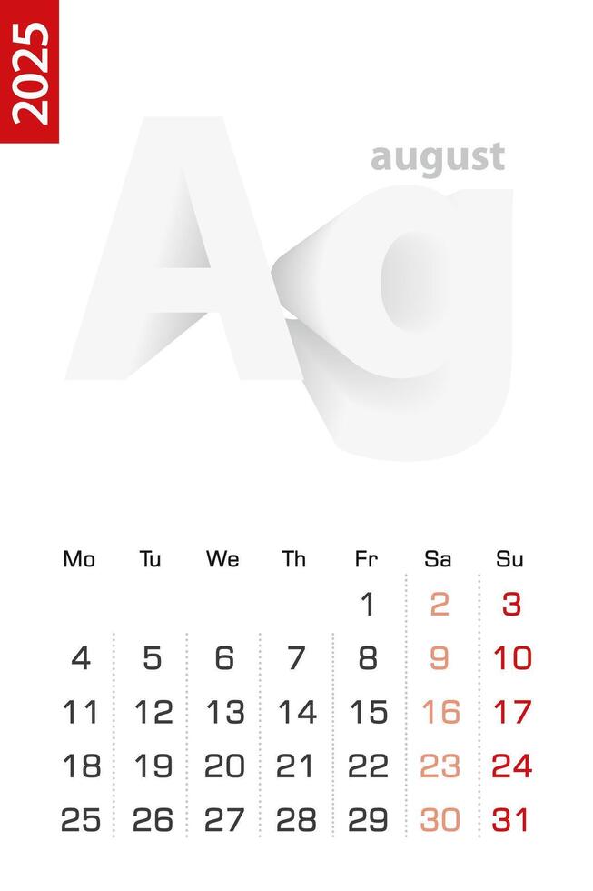 Minimalist calendar template for August 2025, calendar in English. vector