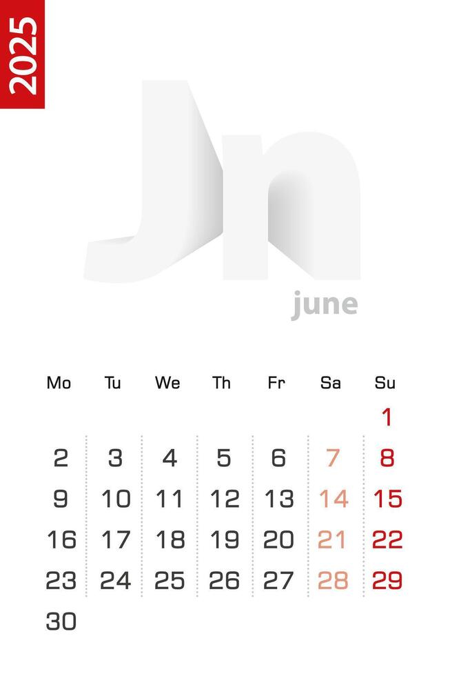 Minimalist calendar template for June 2025, calendar in English. vector