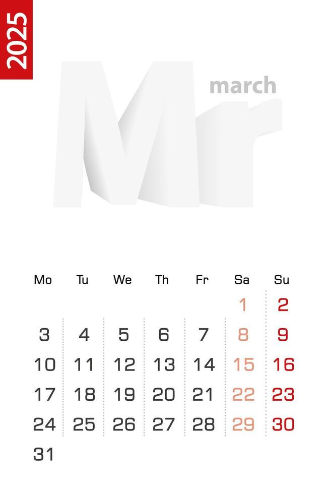 Minimalist calendar template for March 2025, calendar in English. vector