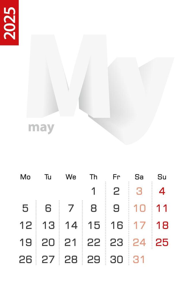 Minimalist calendar template for May 2025, calendar in English. vector