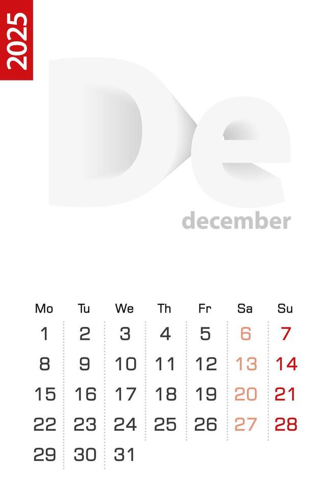 Minimalist calendar template for December 2025, calendar in English. vector