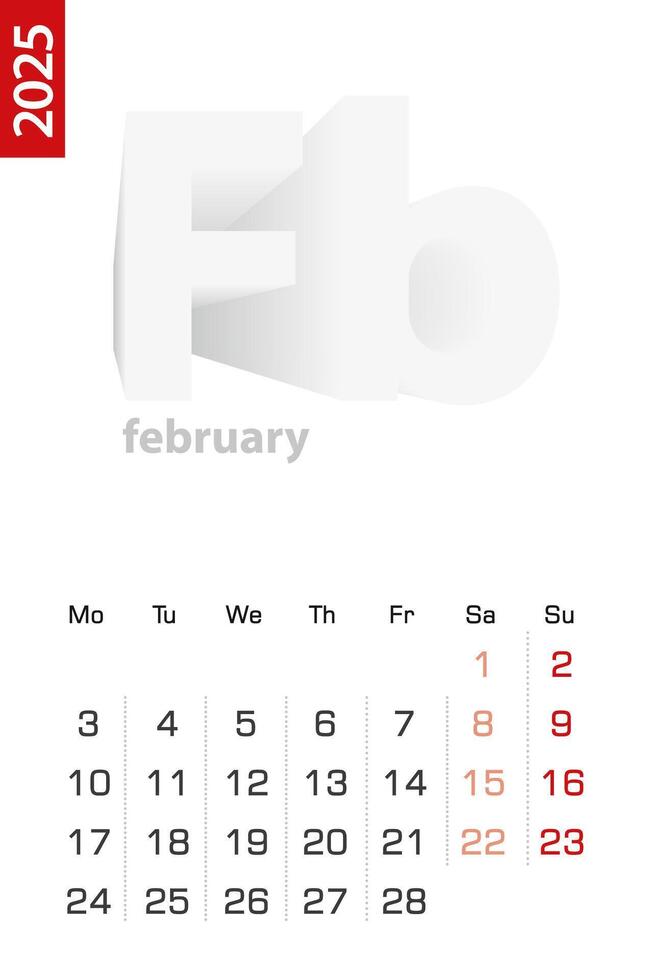 Minimalist calendar template for February 2025, calendar in English. vector