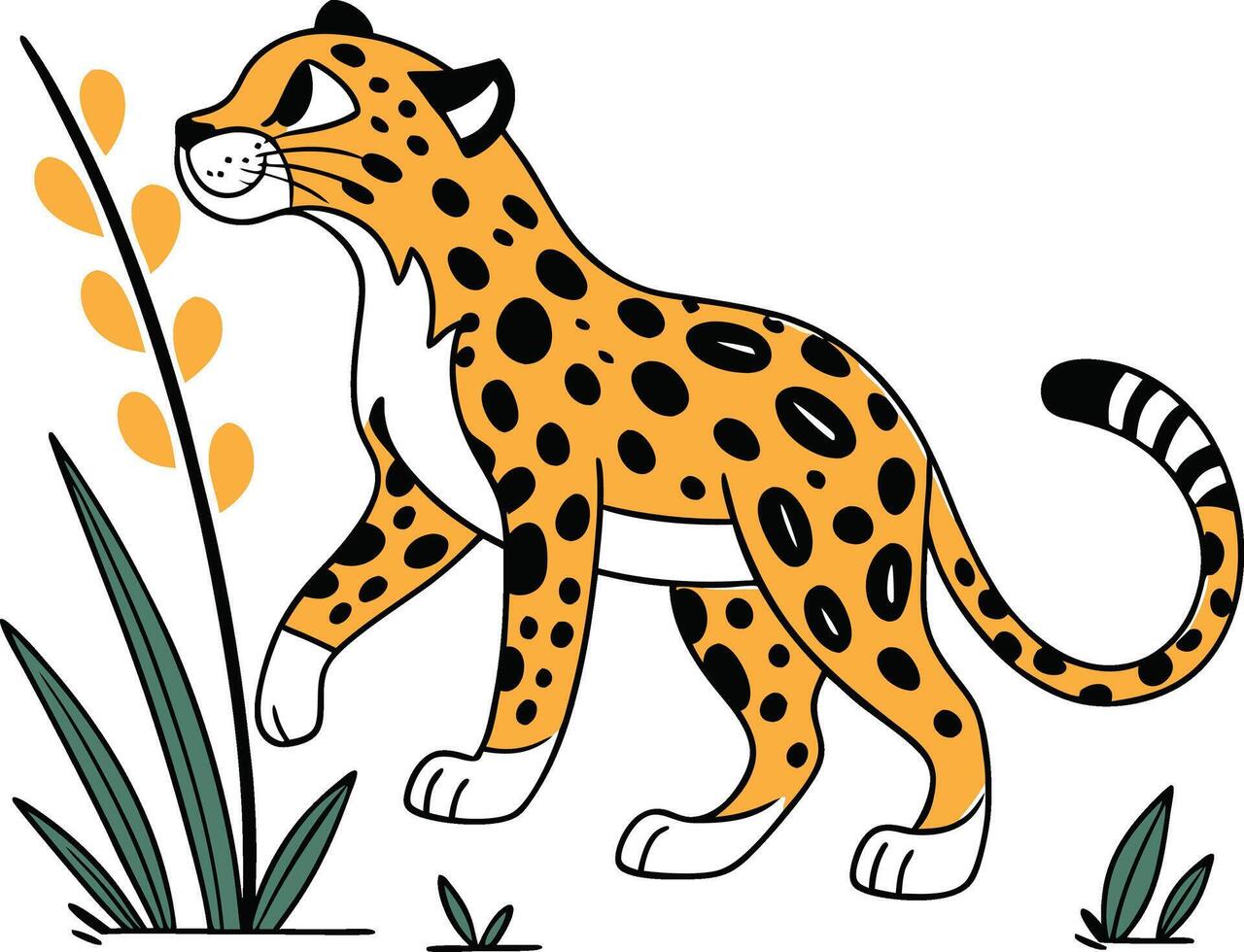 A cartoon leopard walking through tall grass vector