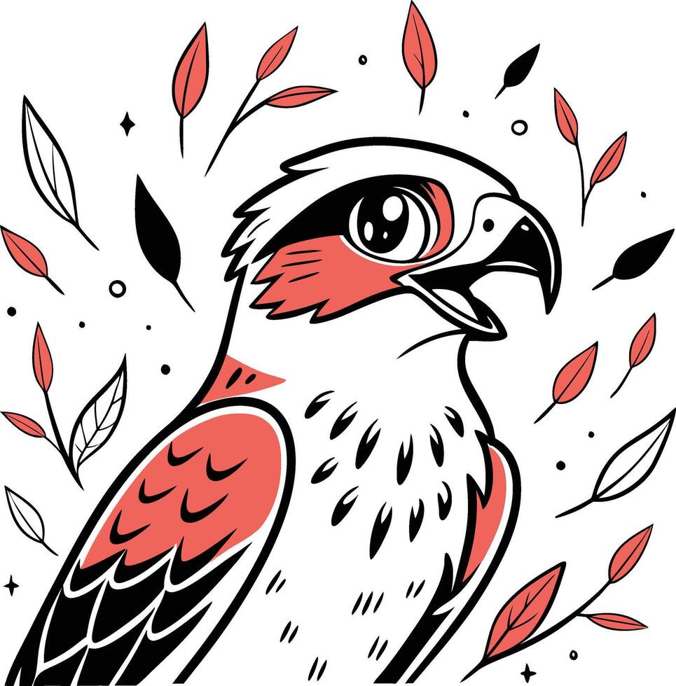 A red and white bird with leaves around it vector