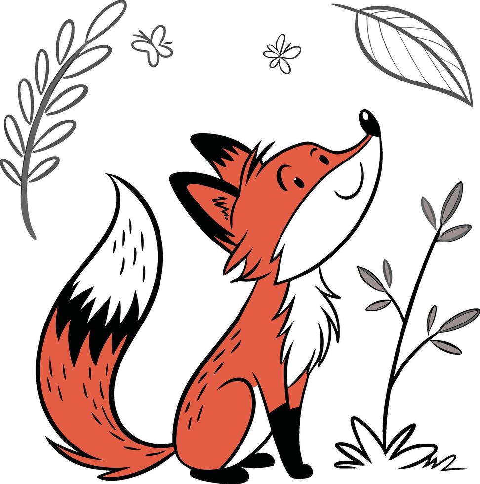A cartoon fox with leaves and flowers vector