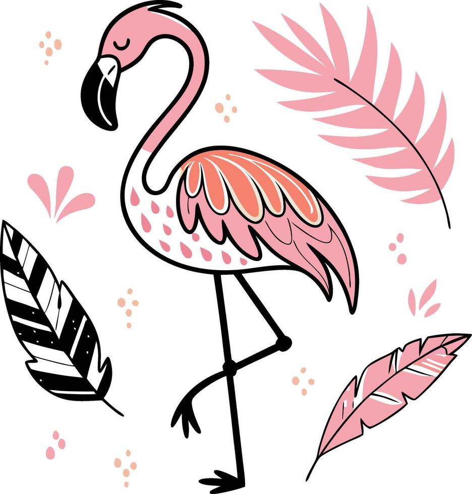Flamingo with leaves and flowers vector