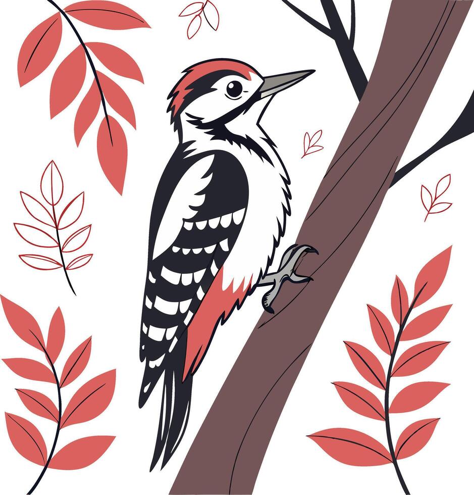A woodpecker sitting on a branch with leaves vector