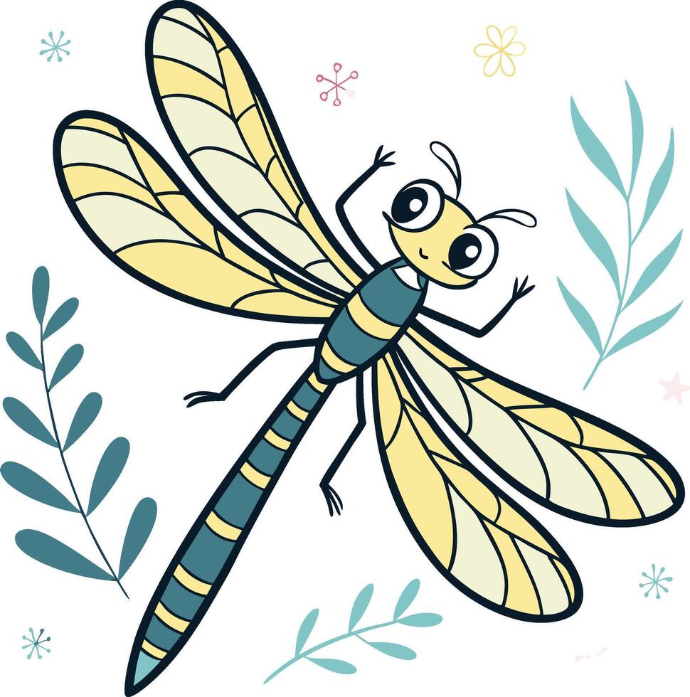 A cartoon dragonfly with flowers and leaves vector