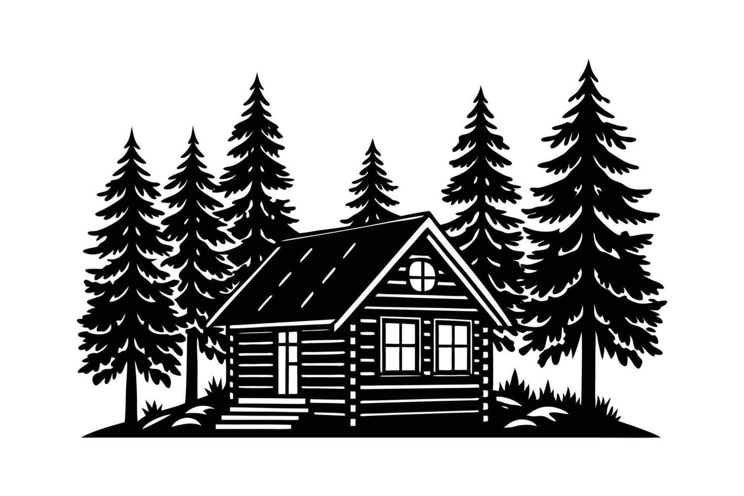 Rustic Log Cabin in Pine Forest - Black and White Illustration vector