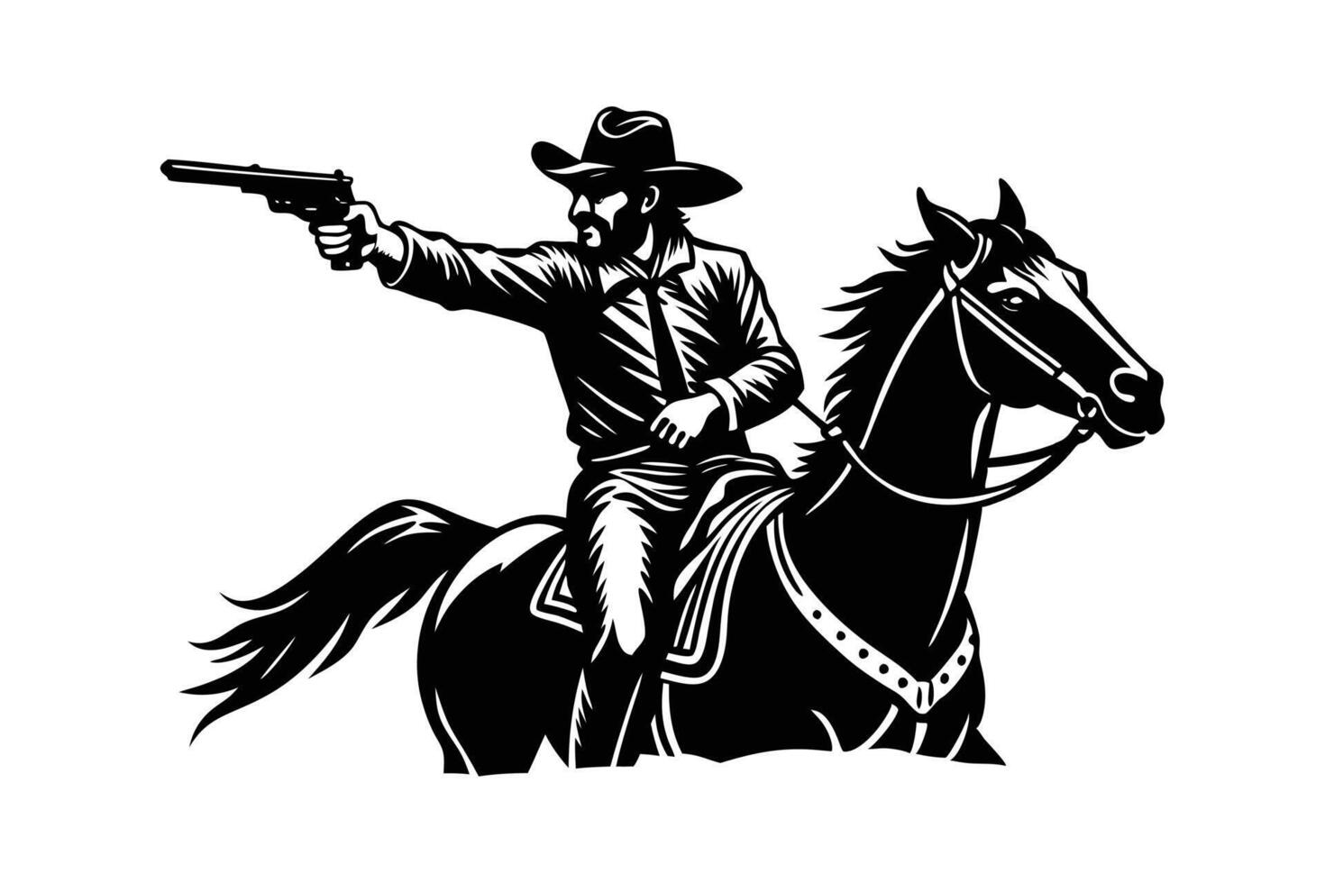 Cowboy on Horseback Silhouette Bold Western Scene with Gun and Prairie Adventure vector