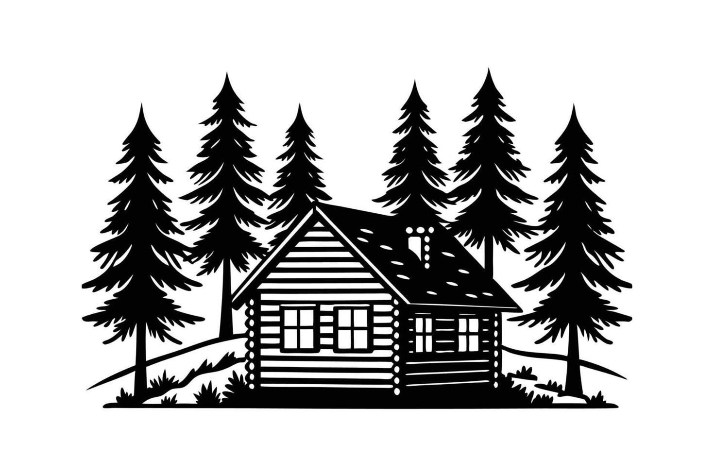 Rustic Cabin in the Forest Black and White Minimalist Illustration for Nature Enthusiasts vector