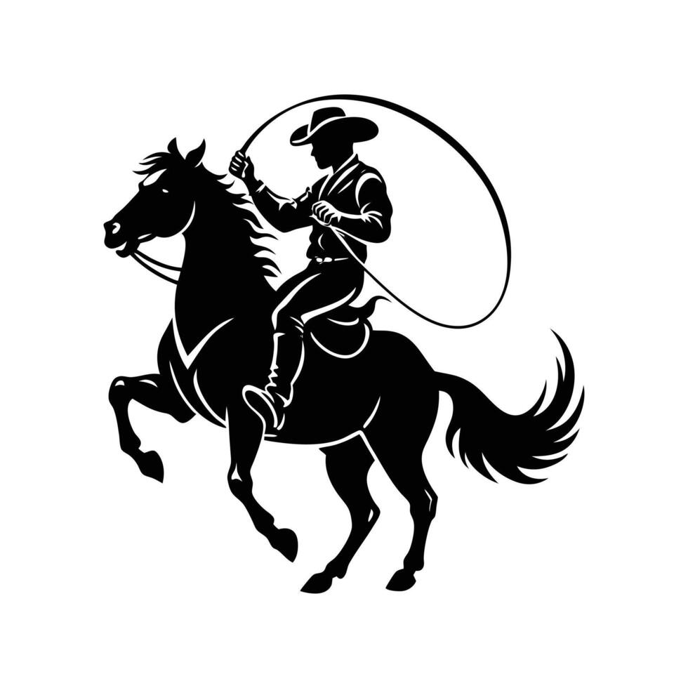 Dynamic Cowboy Silhouette Bold Illustration of Horse Riding and Lassoing Action vector