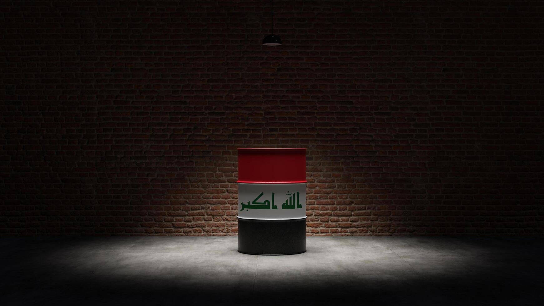 Oil barrel with the flag of Iraq in front of a brick background photo