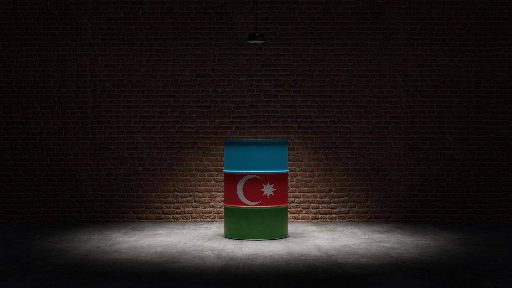 Oil barrel with the flag of Azerbaijan in front of a brick background photo