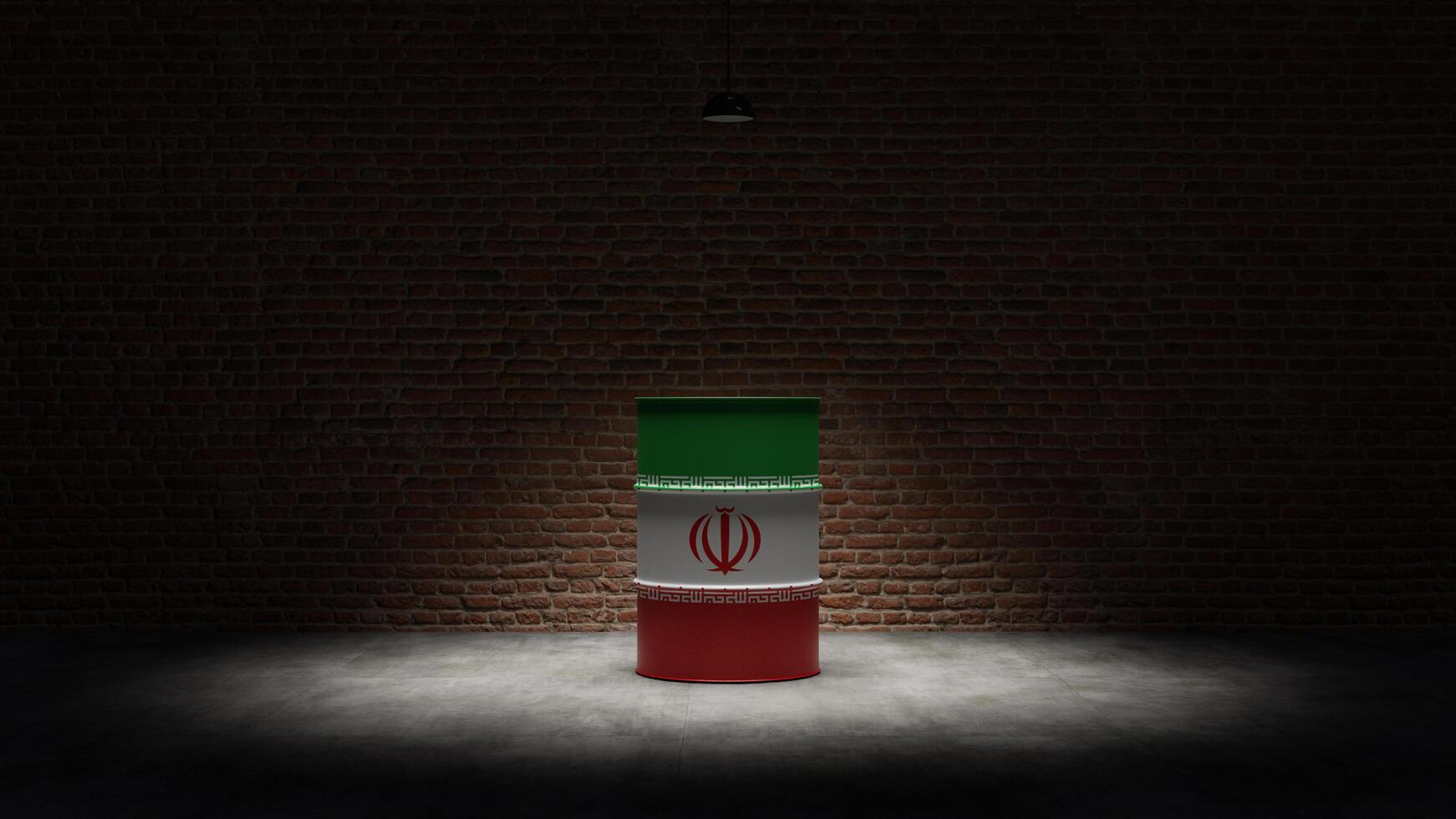 Oil barrel with the flag of Iran in front of a brick background photo