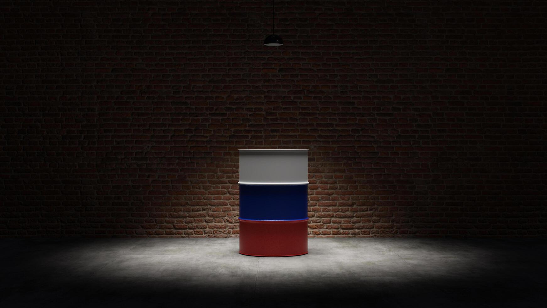 Oil barrel with the flag of Russia in front of a brick background photo