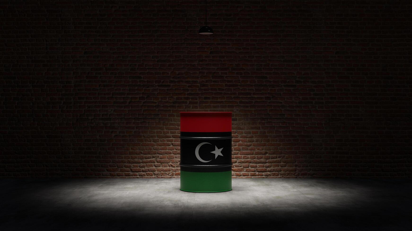 Oil barrel with the flag of Libya in front of a brick background photo