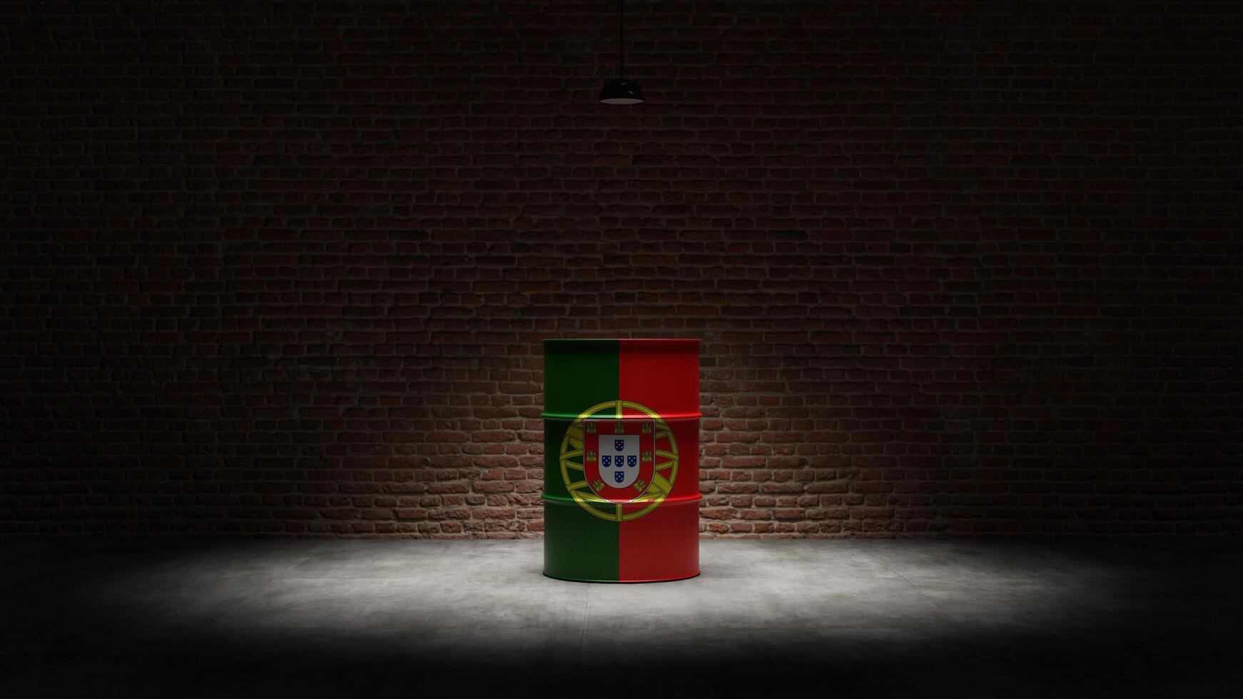 Oil barrel with the flag of Portugal in front of a brick background photo