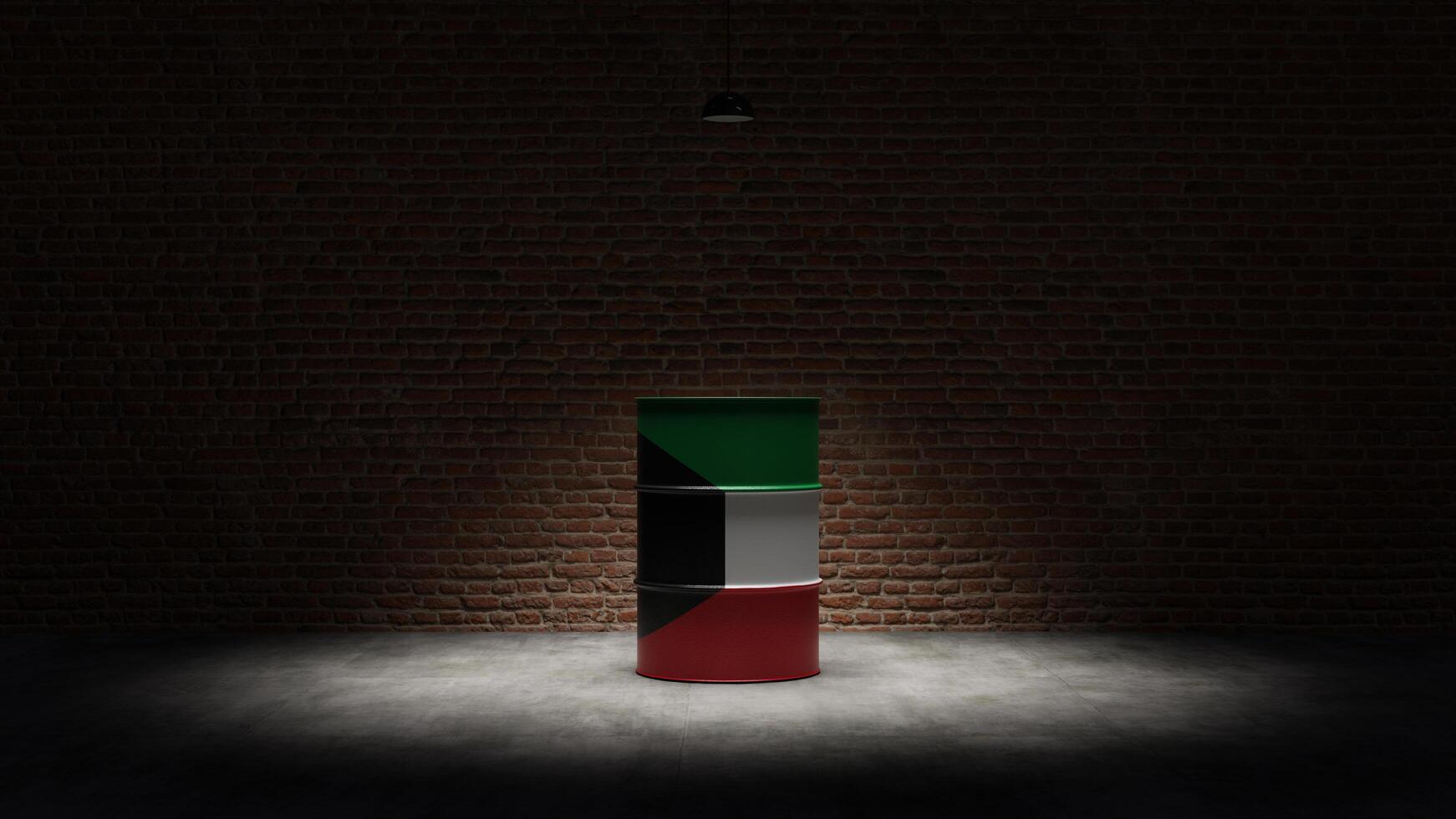 Oil barrel with the flag of Kuwait in front of a brick background photo