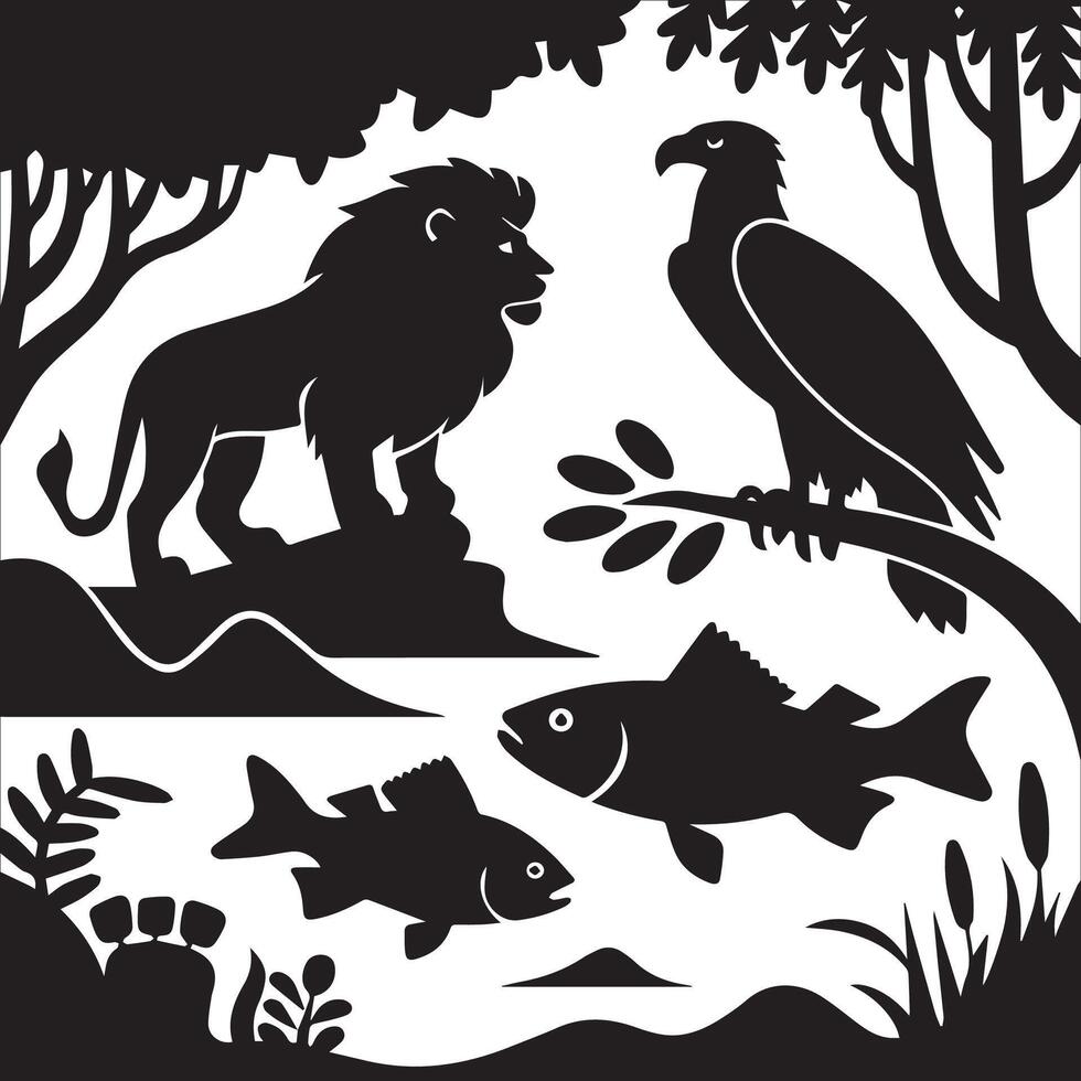 Black and White Animal Silhouettes in Natural Poses with Environmental Backdrops vector