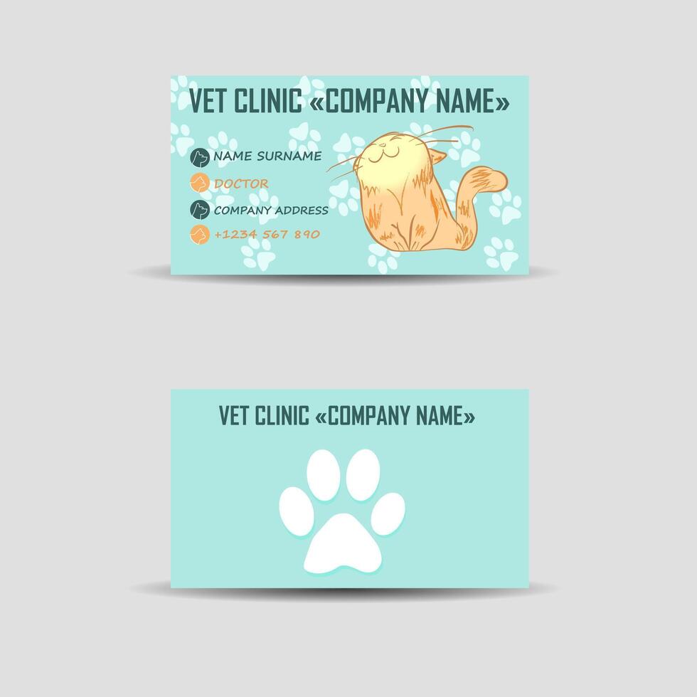 Abstract veterinary clinic business card with cute kitten and footprints pattern on blue background vector