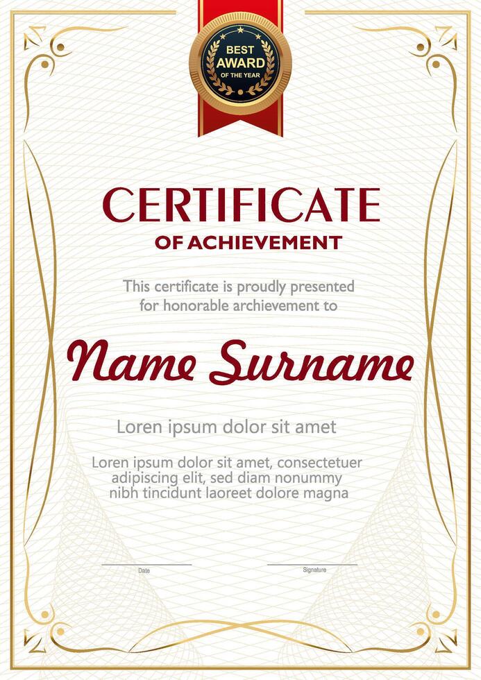 Certificate template in red and gold color vector