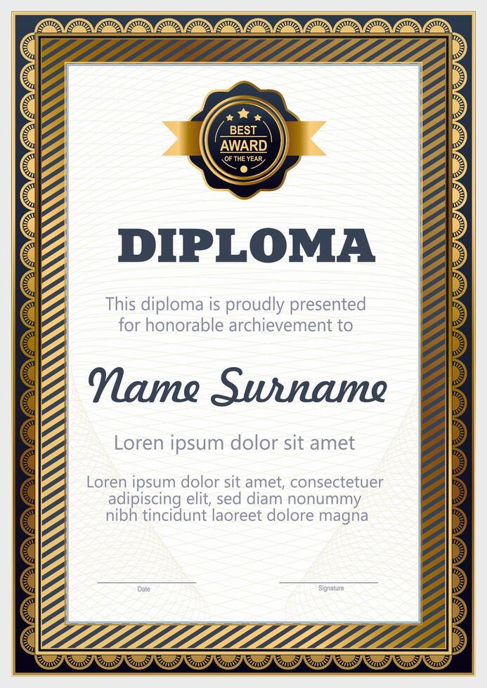 Diploma template in deep blue and gold color vector
