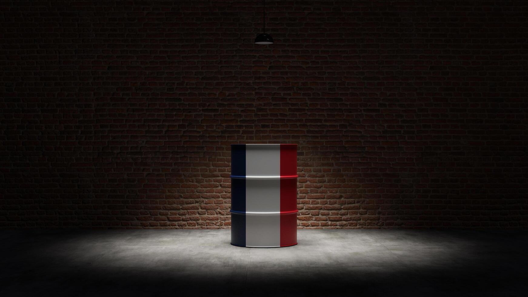 Oil barrel with the flag of France in front of a brick background photo