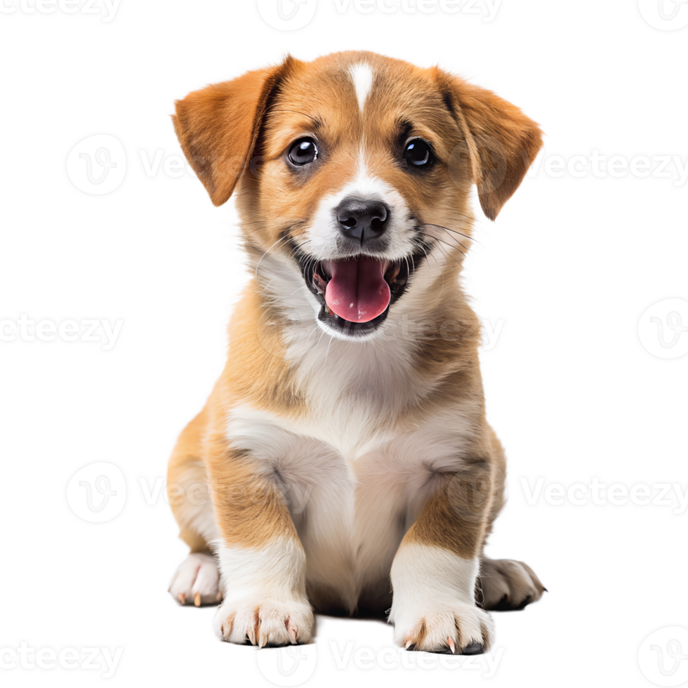 A smiling brown and white puppy is sitting with its mouth open png