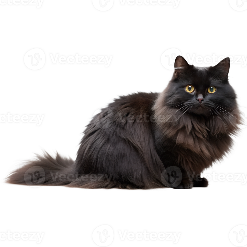 A cute black cat with large yellow eyes lies on a plaid. png