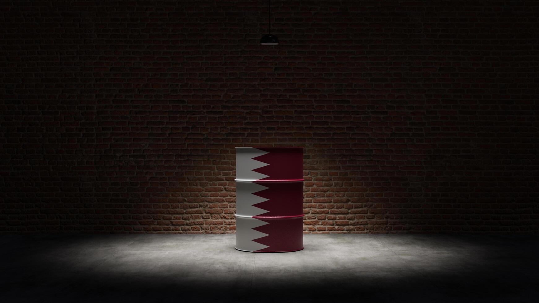 Oil barrel with the flag of Qatar in front of a brick background photo