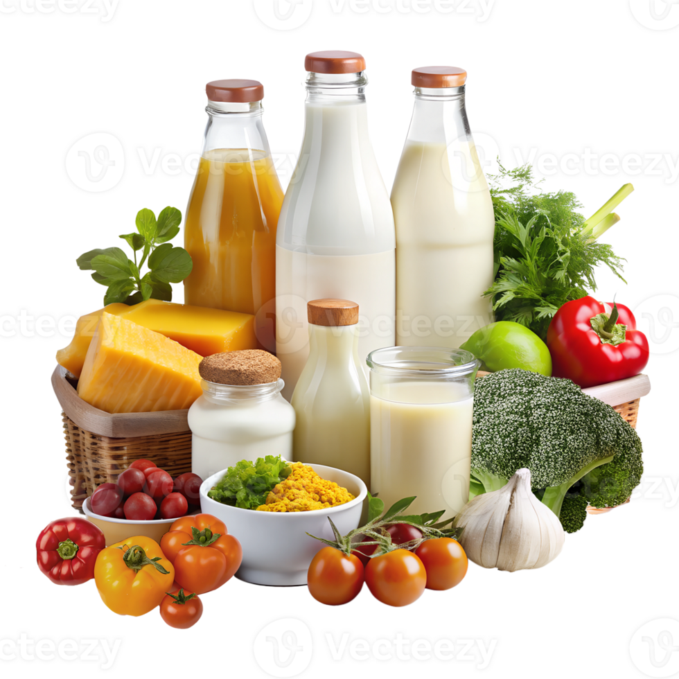 A diverse assortment of fruits and vegetables alongside milk and cheese Transparent background png