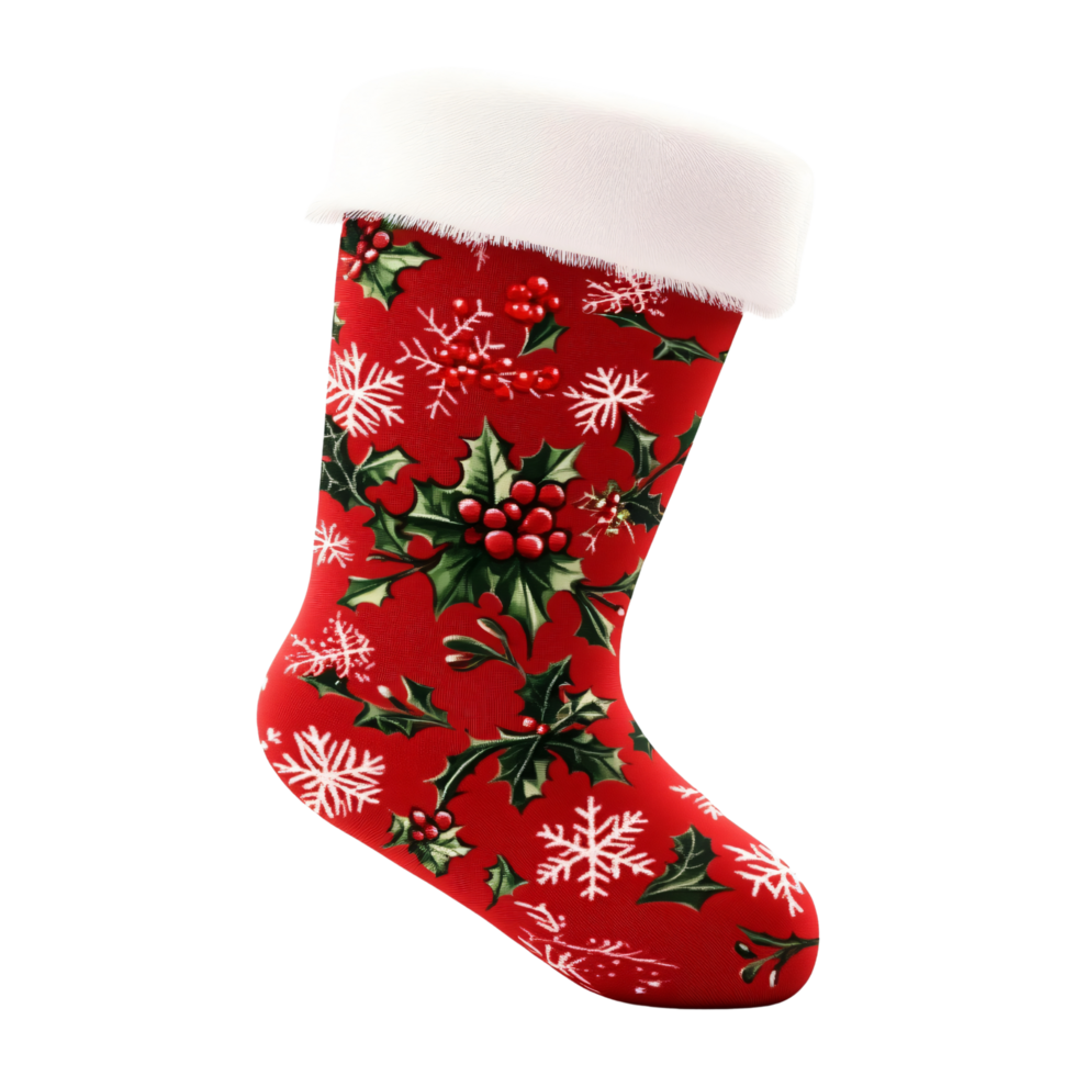 Christmas stocking sock adorned with snowflakes and holiday patterns isolated on transparent background png